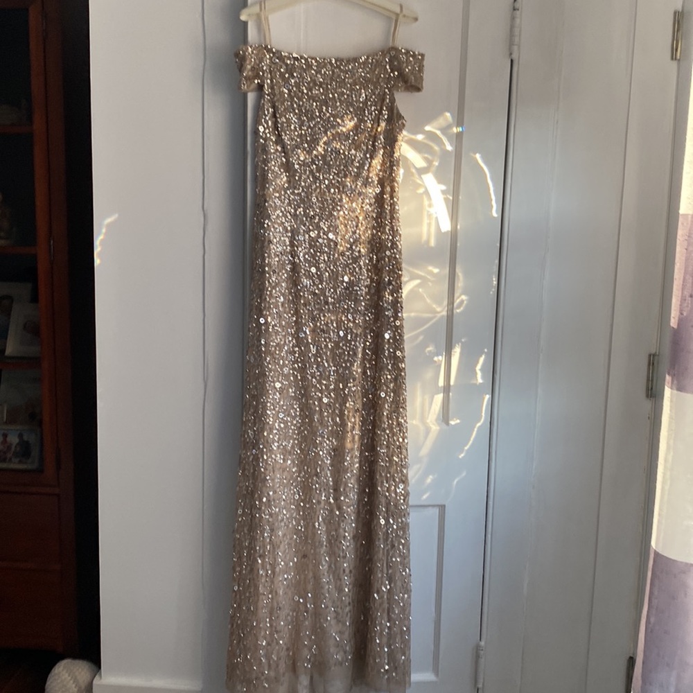 Adrianna Papell scoop back sequin gown in champagne gold